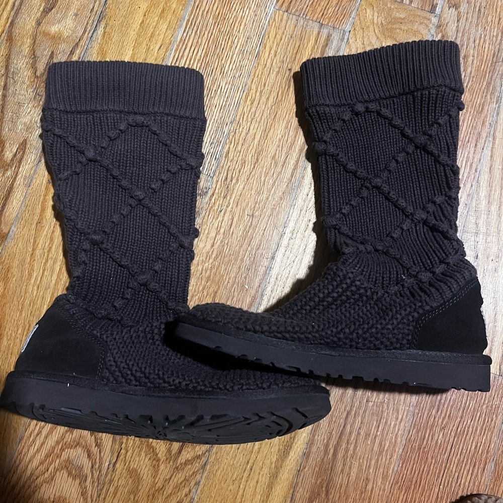 UGG Chocolate Brown Knit-Trim Slip-On Boots